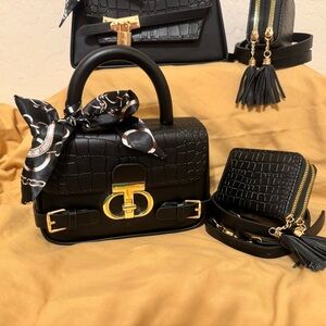 Elegant Black Croc-Embossed Satchel with Gold Hardware